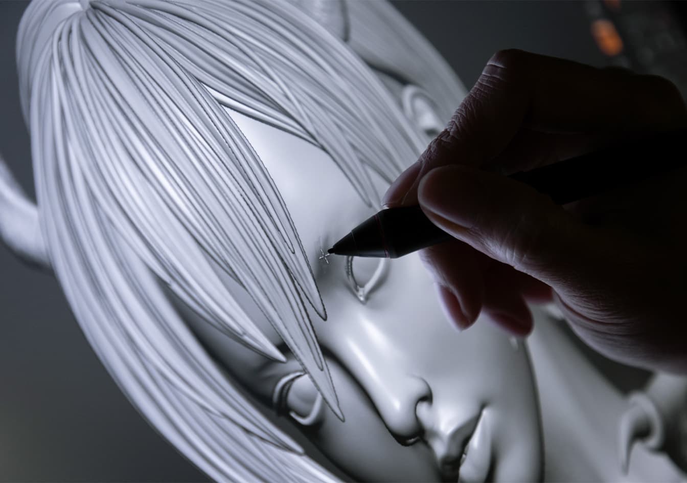 A digital sculpt of Lilith, showing the untextured model and intricate details.