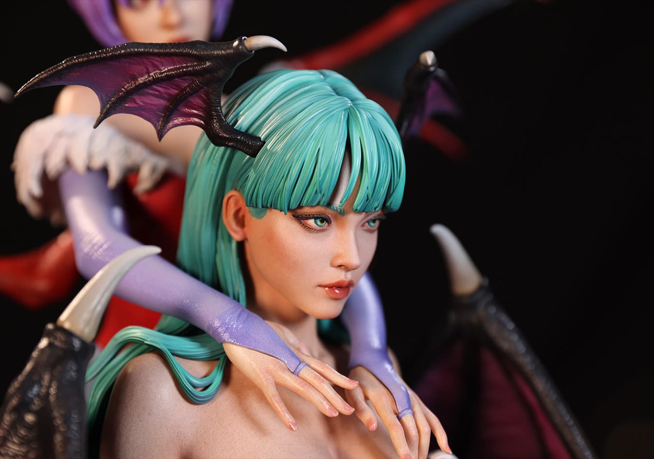 A close up of Morrigan's face that shows the details on the sculpt and paint applications.
