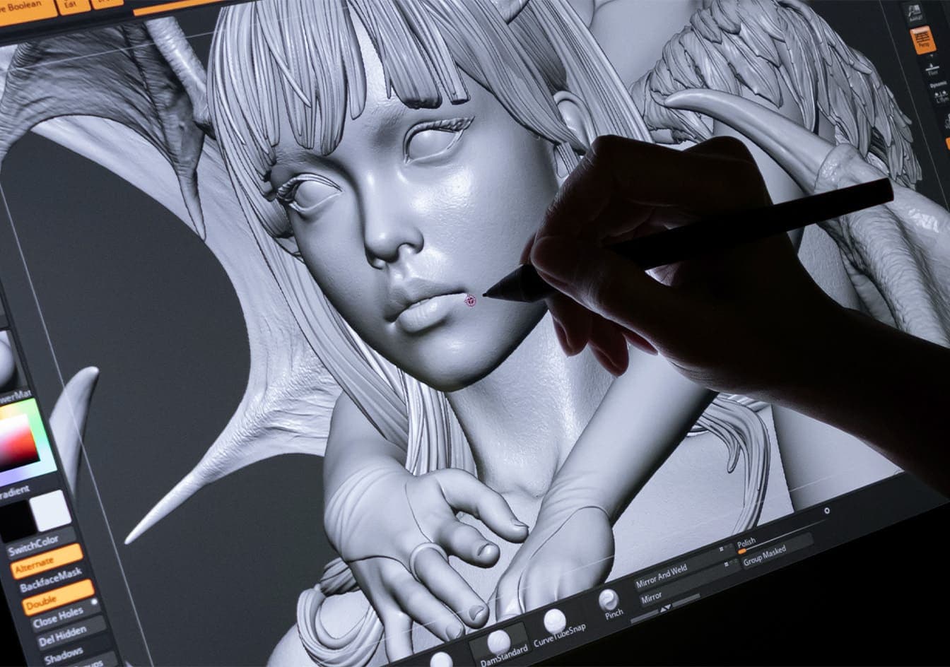 Work in progress shot of the Morrigan statue being digitally sculpted in 3D software, showing our artist refining the face.